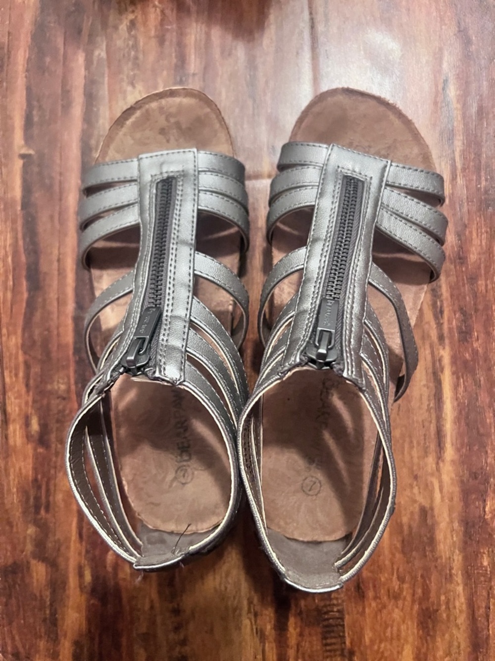 BearPaw Metallic Gray Strappy Zip Sandals